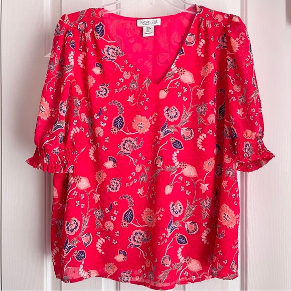Rachel Zoe Tops - Rachel Zoe Pink Navy Blue Floral Lined Blouse Gathered Puff 3/4 Sleeves Size M